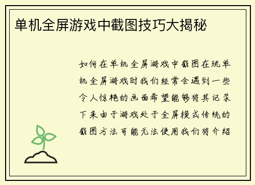 单机全屏游戏中截图技巧大揭秘